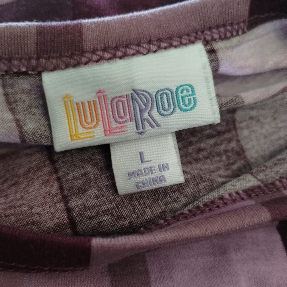 LuLaRoe Irma Tunic Top Size L Purple Plaid High Low Stretch Casual Comfy - Picture 5 of 6
